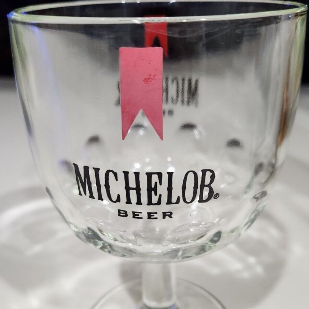 Michelob Beer Glass 12 oz. Goblet stem Red Logo, Vintage, Thumb Print Style